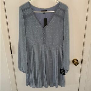 Lulus dusty blue long sleeve textured dress with pleated skirt Size Large